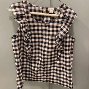J. Crew Navy Blue Gingham Sleeveless Ruffle Top